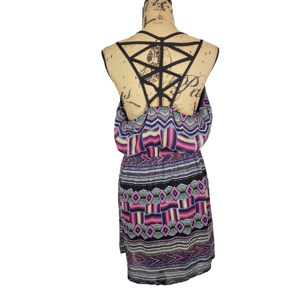 PAPERDOLL Size Large Open Back Tribal Print Chiffon V-Neck Mini Blouson Dress